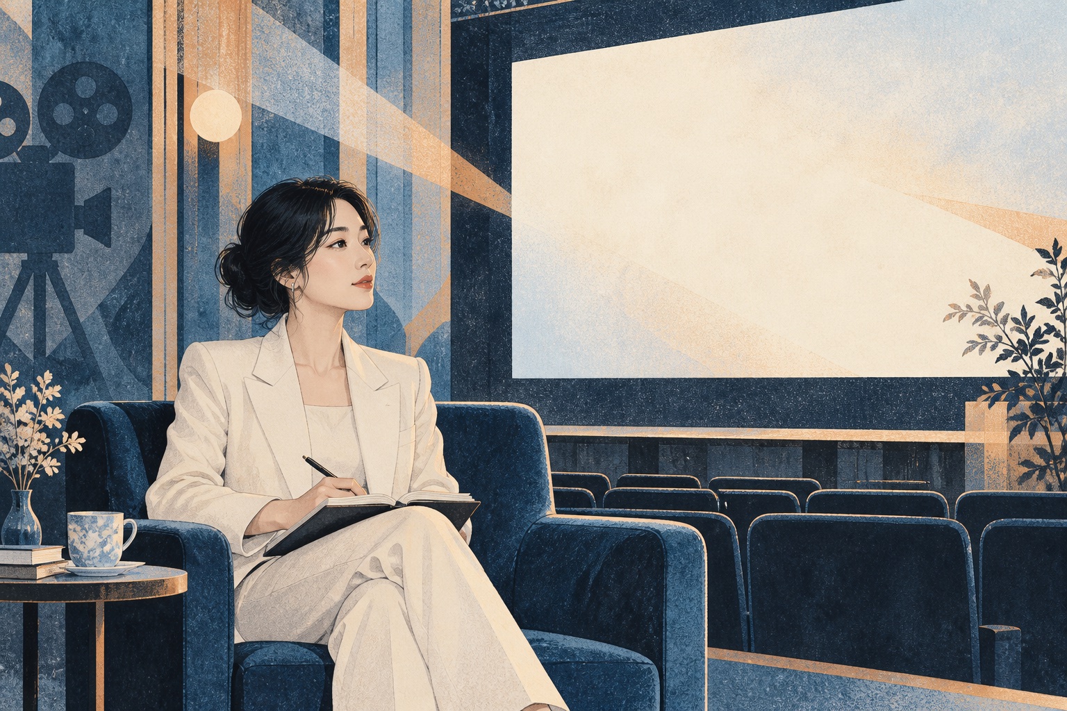 放映室中手持笔记的观众与蓝色光束插画